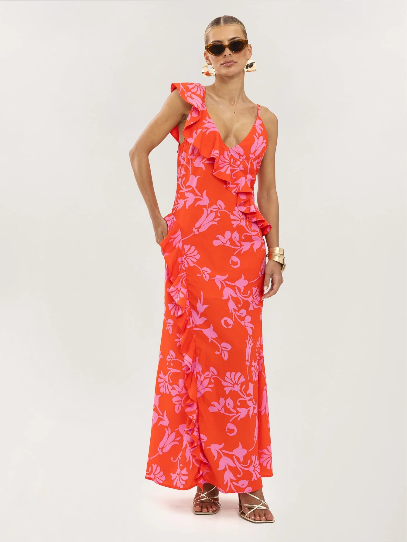 Delvina Dress in Pink on Red Floral