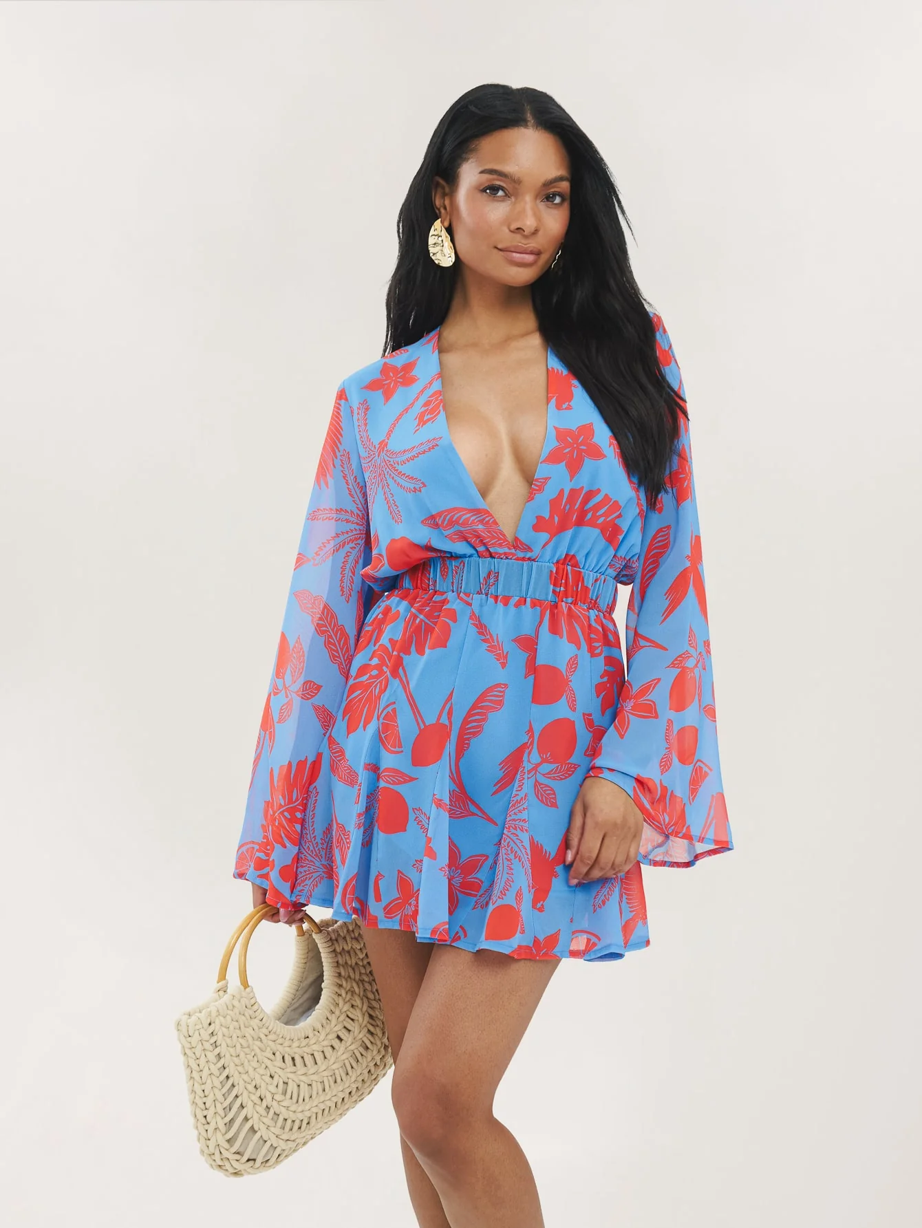 Florena Dress in Blue & Red Palm