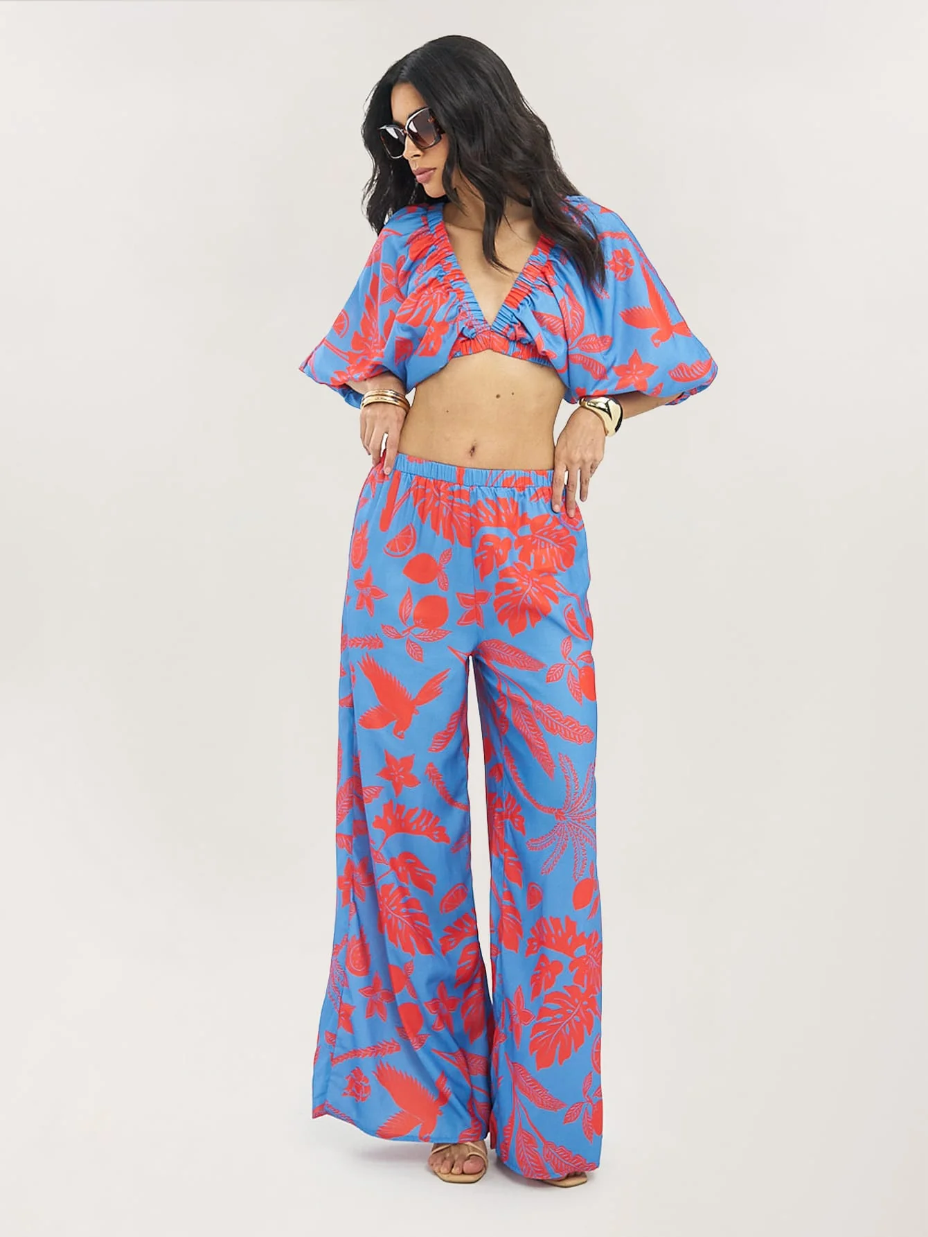 Oleana Co-Ord in Blue & Red Palm